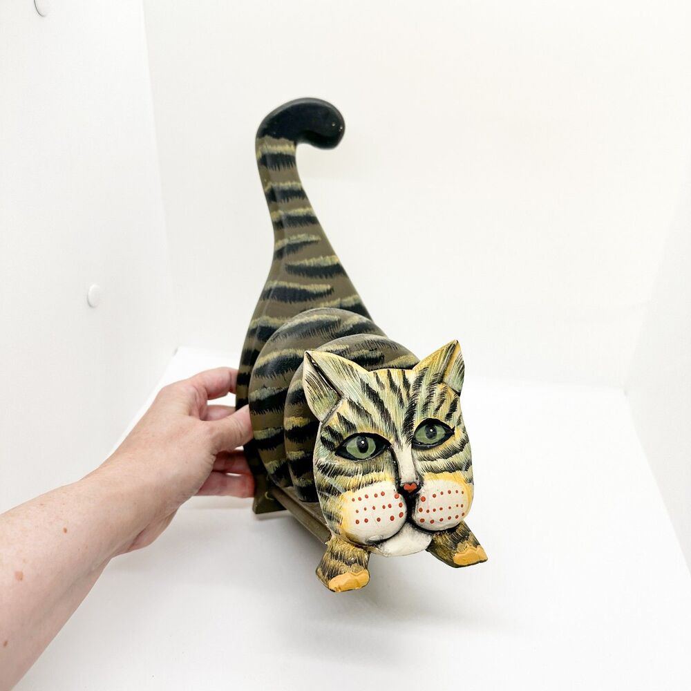 Vintage Wood Painted Tabby Cat Book Holder Organizer Folk Art Cottagecore